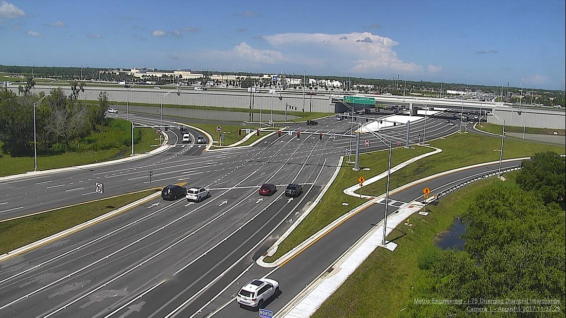 This aerial shows the diverging diamond interchange at University Parkway and Interstate 75. It is the larges of its kind in the country and the first in Florida. Courtesy image.