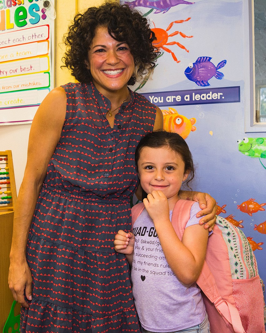 Bay Haven School of Basics Plus kindergartner teacher Aurelia Webber with Khaleesi Aiscowitz.
