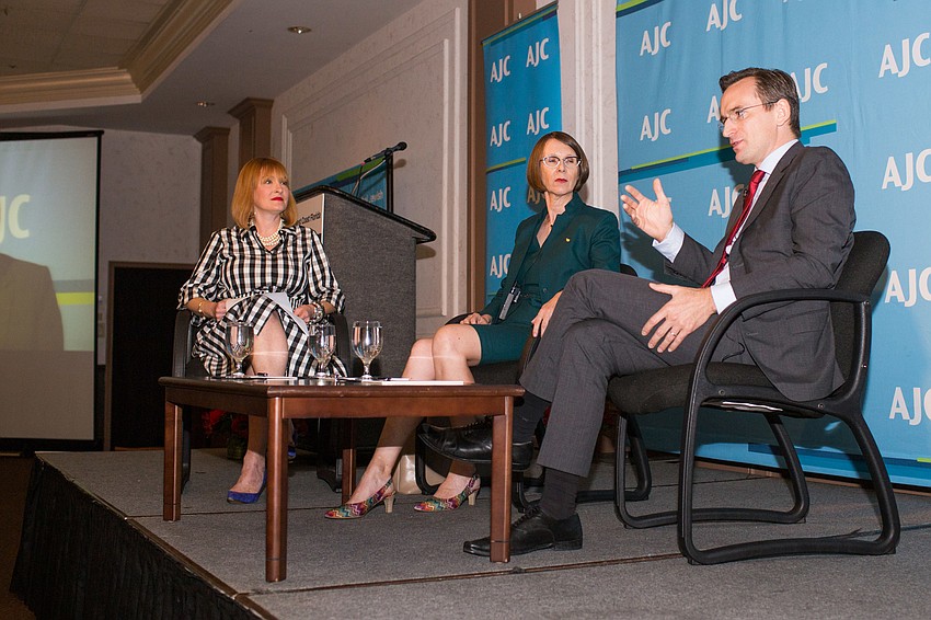 Moderator Emily Walsh, Consul General of Germany Annette Klein and Consul General of France Clement Leclerc hosted a panel discussion.