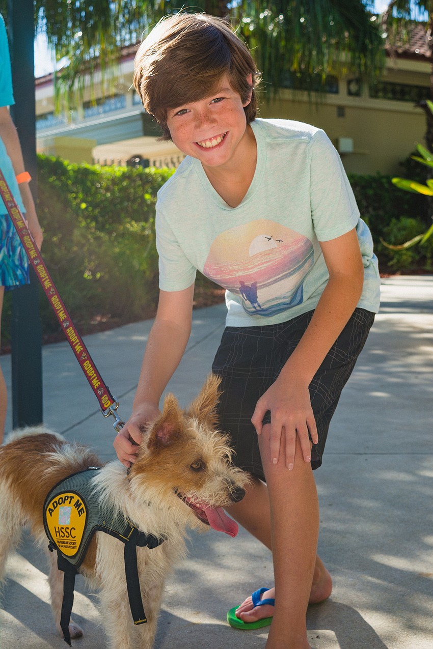 Wyatt Saulisbury greets Oscar, a dog waiting to be adopted from the Humane Society of Sarasota County.