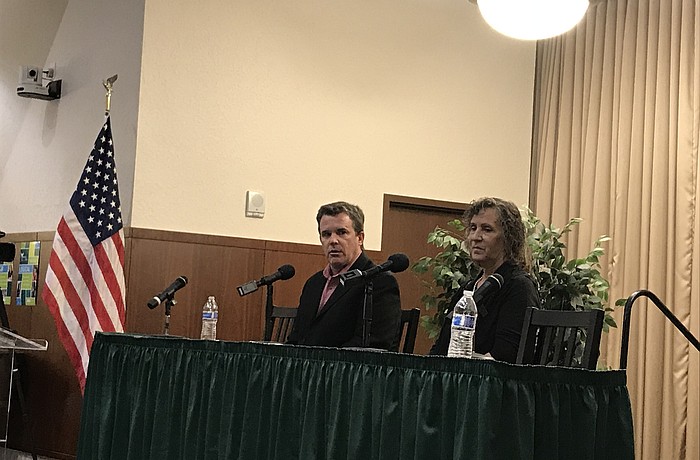 Manatee School Board member Charlie Kennedy and candidate Alice Kaddatz answer questions during the forum for District 2 candidates.