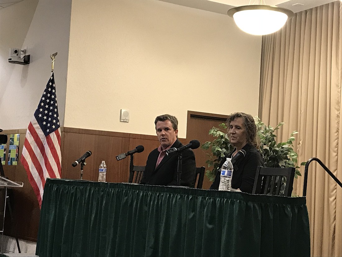 Manatee School Board member Charlie Kennedy and candidate Alice Kaddatz answer questions during the forum for District 2 candidates.