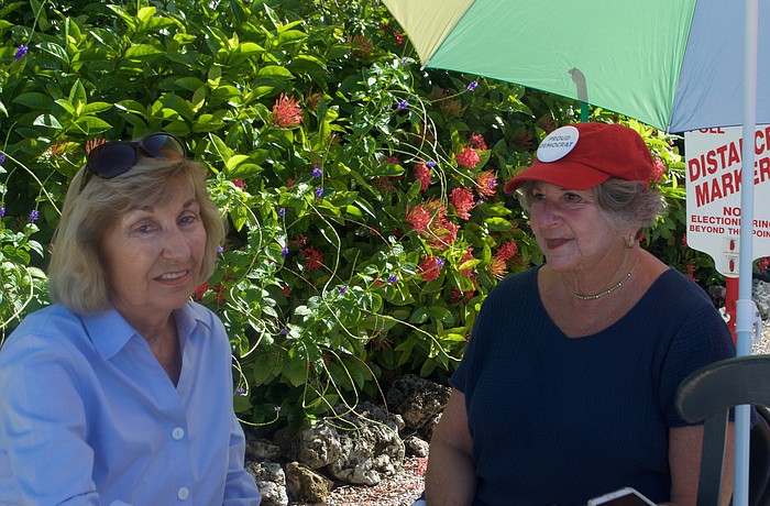 Jinny Johnson and Jackie Salvino, outside Longboat Island Chapel, think the reason why voting seemed larger on the Sarasota side is because of condos.