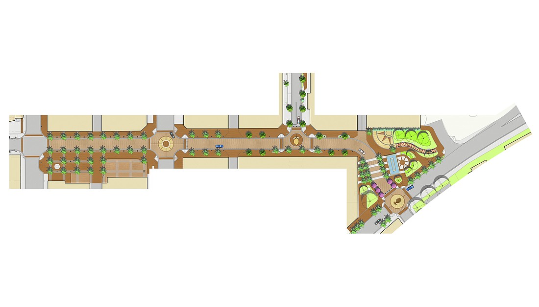 The preliminary design plan calls for an extension of the brick-paved Lemon Avenue mall, left, south past Main Street to Pineapple Avenue near Paul Thorpe Park, right.