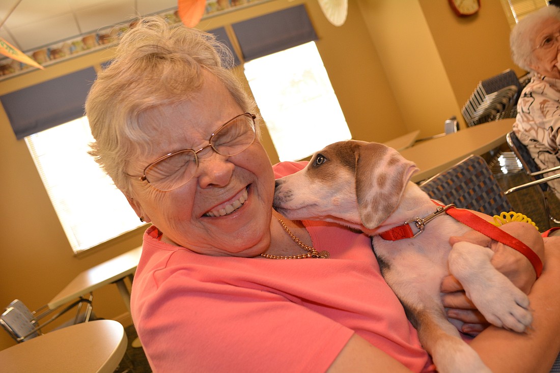 Erna Munsell loves the Puppies with Purpose visits, but she also enjoys her daughter&#39;s pets.  Her last dog was a "small throw-away dog" she had for 15 years. His name was Bo.