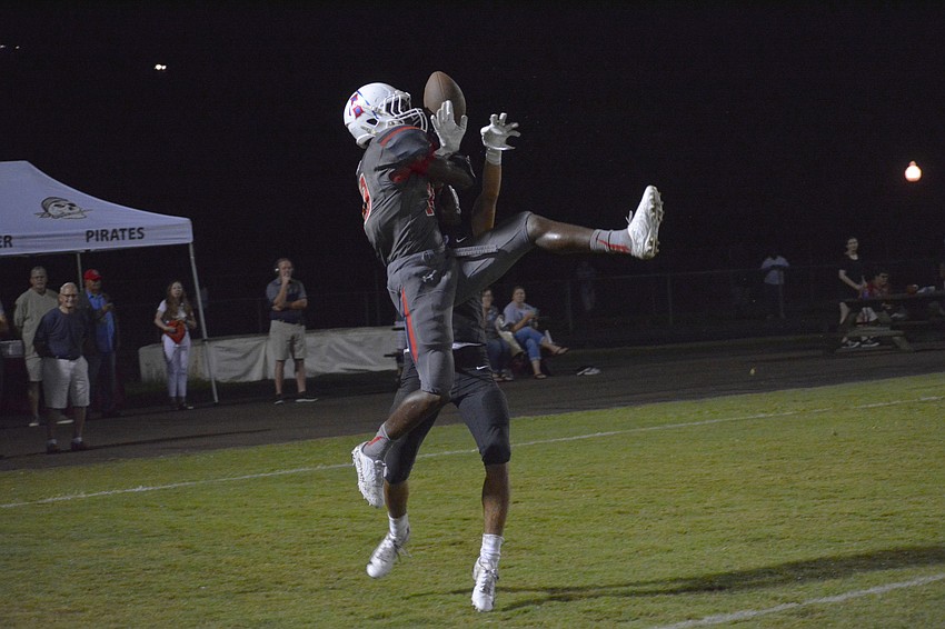 Braden River cornerback Jean Lugo-DeJesus breaks up a Manatee High pass in the end zone.