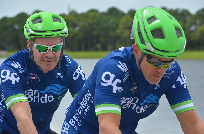 Sarasota's Tony McEachern and North Port's Jack Rich train for the Gran Fondo Sarasota Oct. 7 at Nathan Benderson Park.