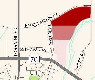 This map shows the overall Premier site, which includes the new 75 acres (red), 127-acre Premier Sports Campus (light pink) and addition 36 acres purchased in December (rose).