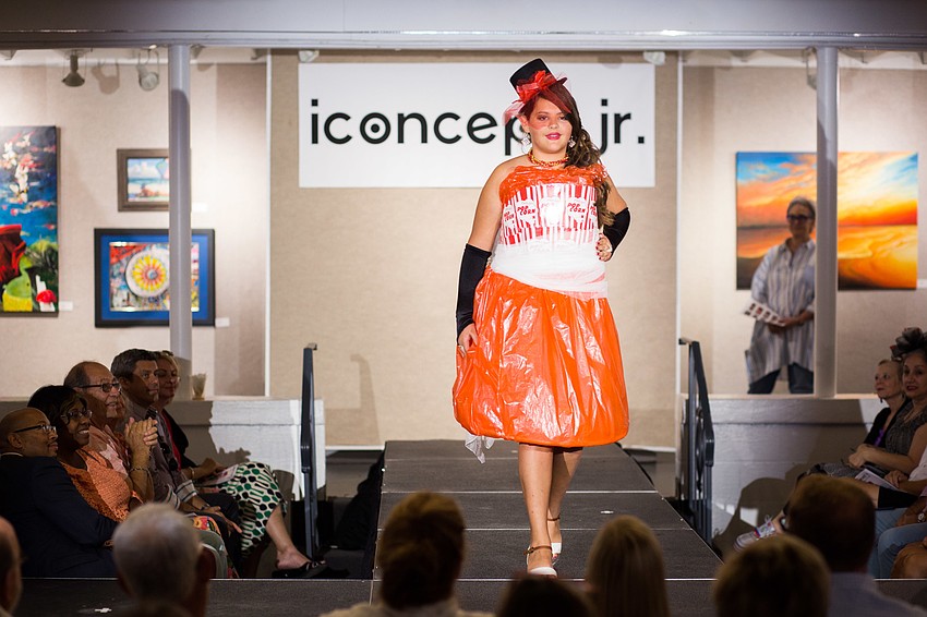 Raena Vigil used popcorn boxes, a rain poncho and netting to make her circus-inspired dress.