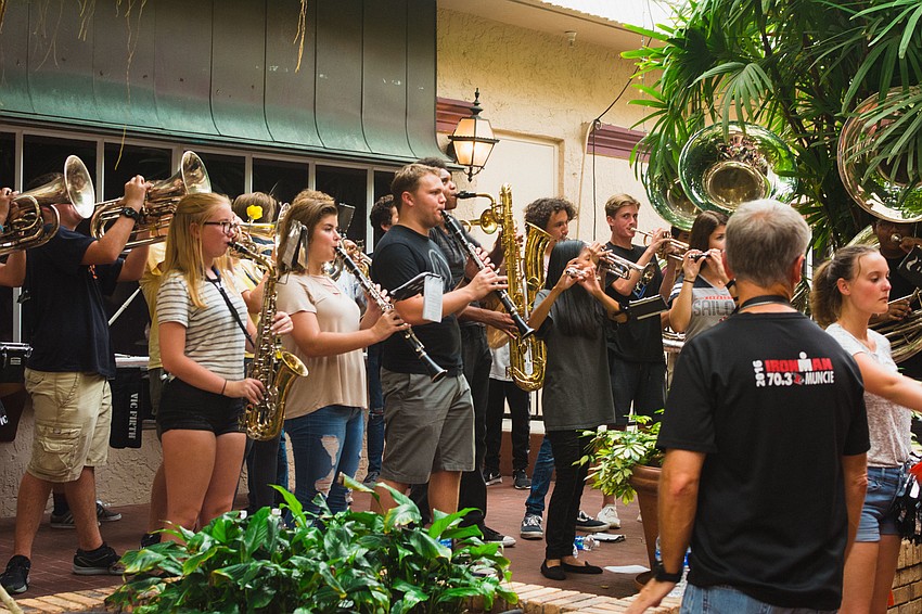 The SHS marching band performs for alums.