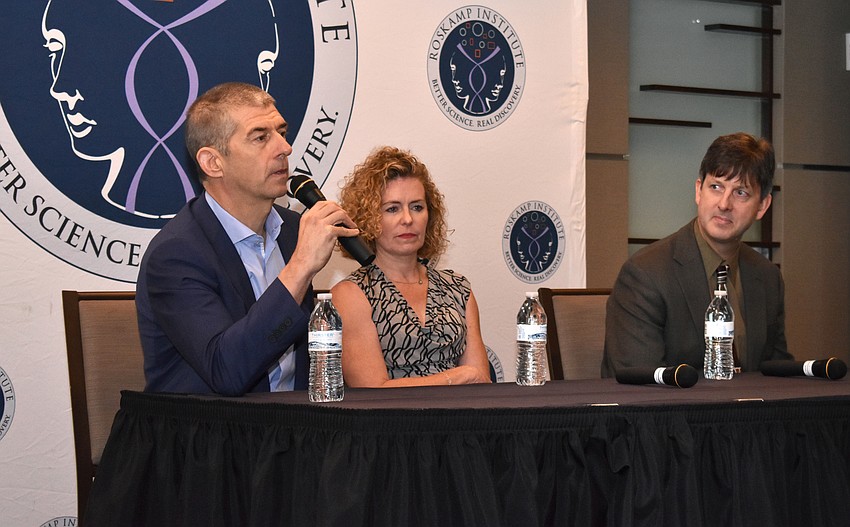 Dr. Mike Mullan, President and CEO Fiona Crawford and Dr. Andrew Keegan host a Q&A panel after speaking about the most current research findings at the institute.