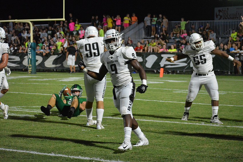 Senior linebacker Jesse Joseph celebrates after a sack of Venice quarterback Hayden Wolff.