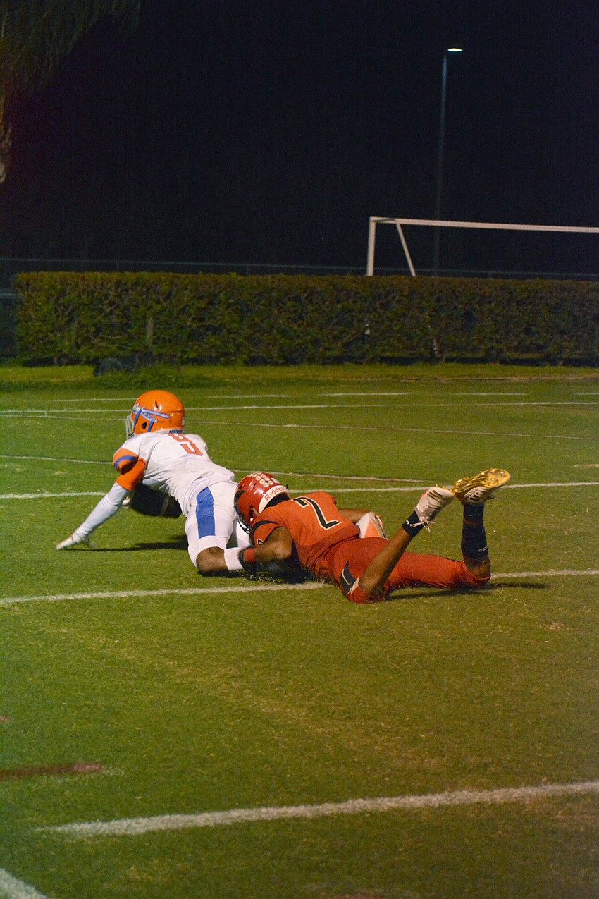 Junior cornerback Miles Curley makes a touchdown-saving tackle on a Southeast wideout late in the game.