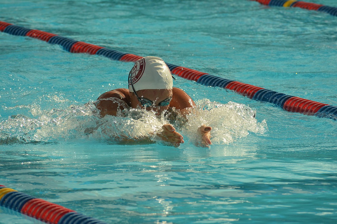 Braden River junior Kate Walker swims the girls 100 breaststroke at the 2018 Tri-County Championships. The fifth-place finisher at states last season finished seventh here, after battling injuries.