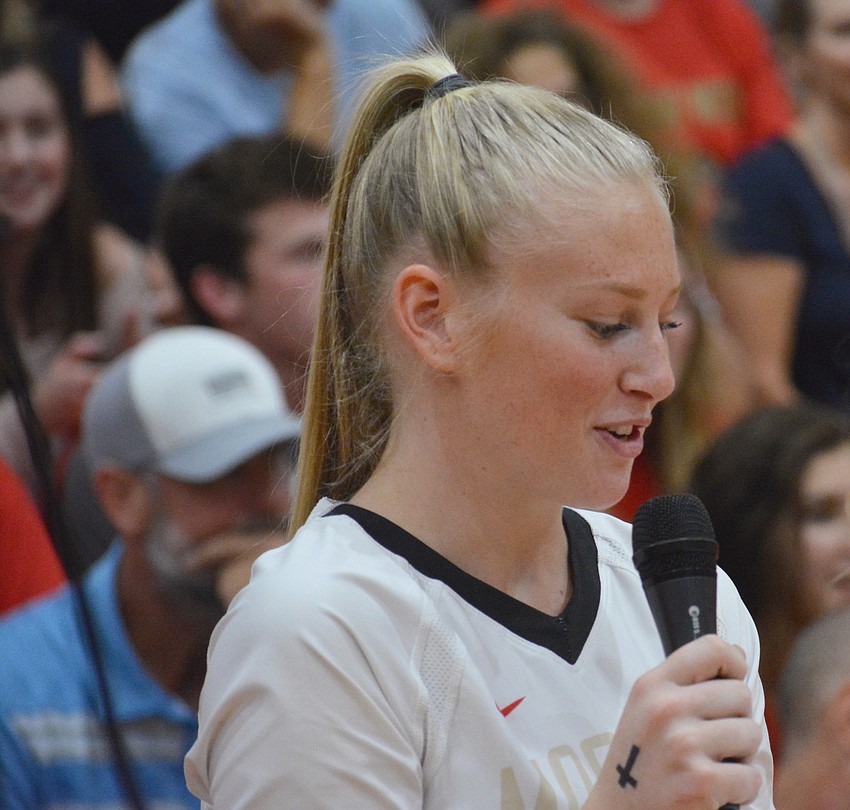 Cardinal Mooney junior Madison Brown read two speeches, one each for seniors Sophia Hebda and Kali Plattner.