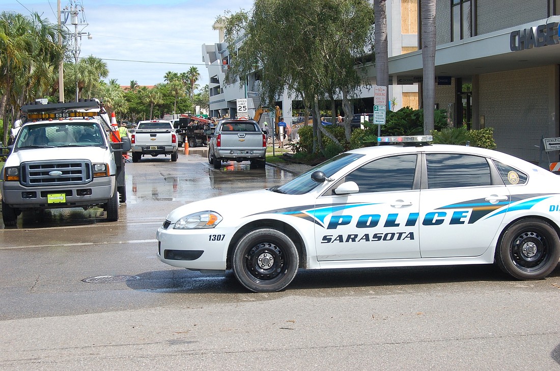 Sarasota police blocked access to Madison Drive while city crews worked on the broken water pipe farther down the street.