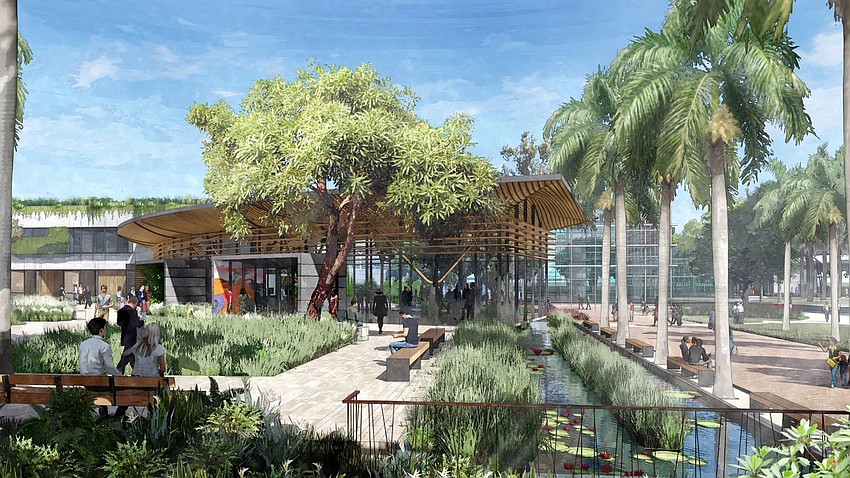 The Jean Goldstein Welcome Center and Lily Pond Garden.