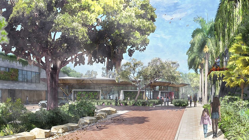 The Jean Goldstein Welcome Center, Steinwachs Family Plant Research Center, and Live Oak Arrival Court.