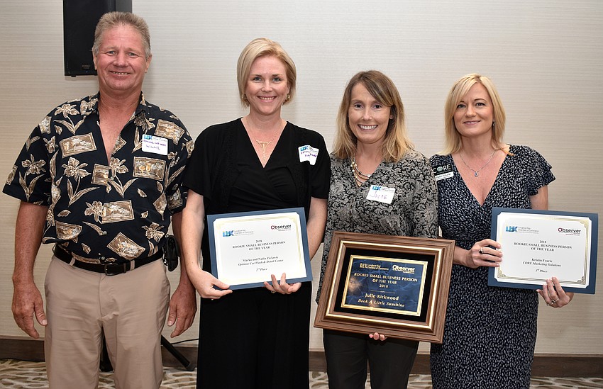 Rookie Small Business of the Year second place winners Willie Gillis and Nadia Zivkovic of Optimus Car Wash, first place winner Julie Kirkwood of Book a Little Sunshine and third place winner Kristin Fourie of Core Marking Solutions
