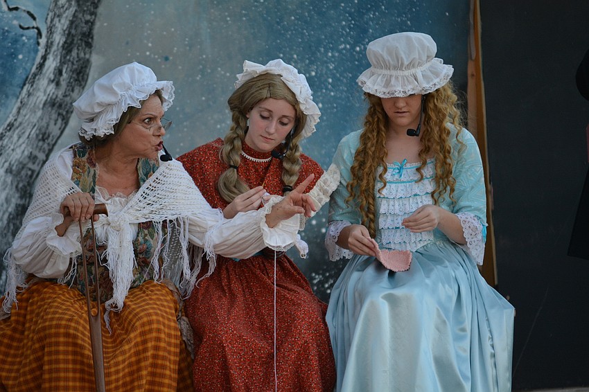 Widow Van Doom, Hilda and Greta (played by Francesca Mendolia, Annabelle Pietryka and Megan Johnson) share the town's ghost stories to Ichabod Crane during a sewing circle.