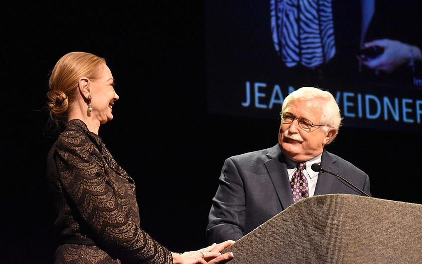 Arts Leadership Award — Cultural Champion Winner Jean Weidner Goldstein laughs at Arts and Cultural Alliance of Sarasota County Executive Director Jim Shirley.
