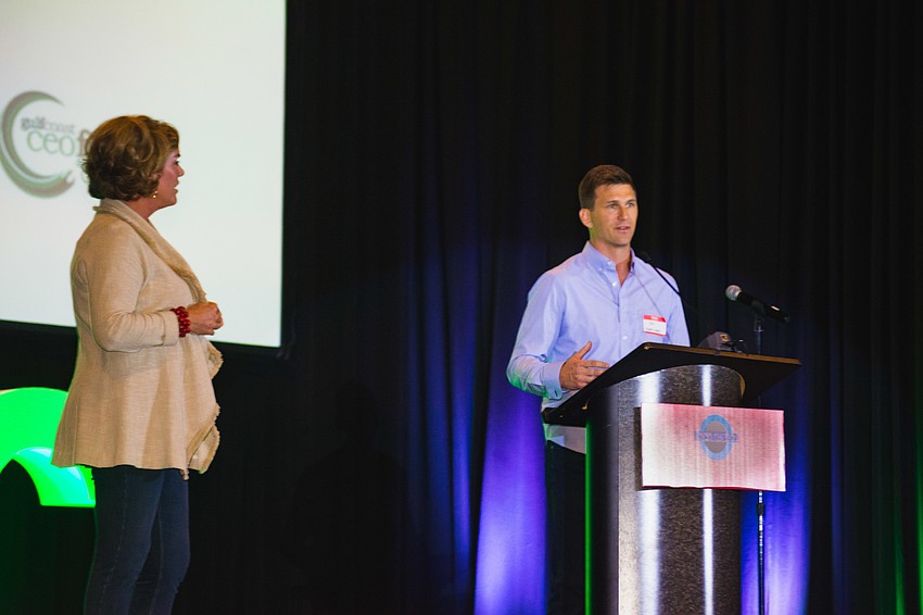 Gulf Coast CEO Forum Executive Director Kim Miele and Dealers United CEO Pete Peterson speak to college students about careers in Sarasota.