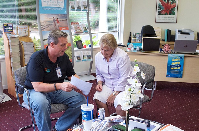 Bruno Kapacinskas, Manatee Countyâ€™s Business Resource Manager and Gail Loefgren, Longboat Chamber president, talk about available loans for red tide victims.