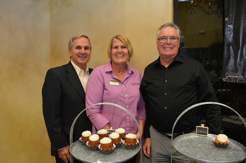 Neil Spirtas visits with Nothing Bundt Cakes owner Kelly Erdmann and longtime friend and former legislator Ron Reagan.