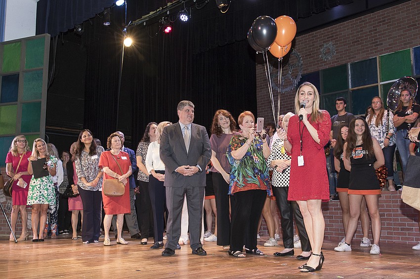 Sarasota High School teacher Ashlee Middleton is surprised as the 2019 High School Teacher of the Year. Courtesy photo.