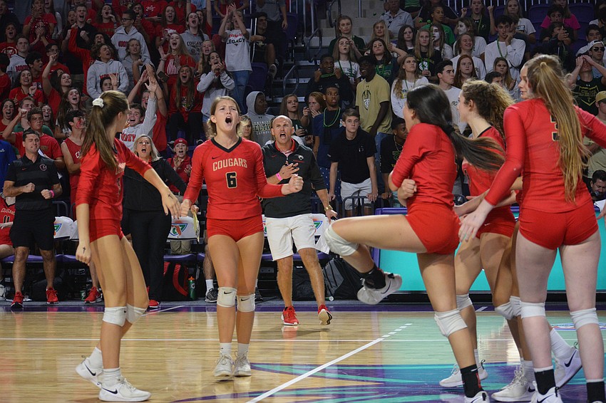 The Cougars go crazy after winning a point.