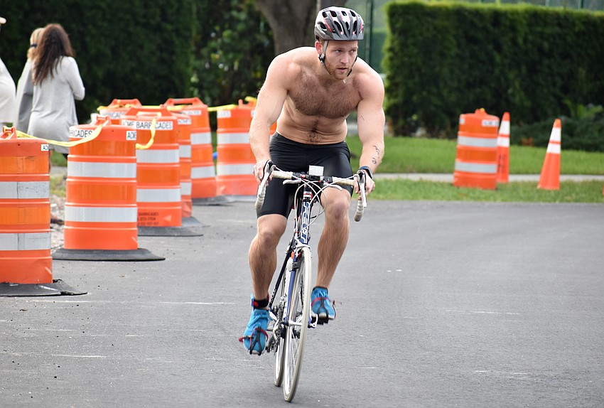Athletes rode bikes down Gulf of Mexico Drive for the bicycling portion of the triathlon.