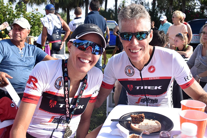 Sue Fleming, who won first place in the women’s category for the international triathlon and Greg Pelican, who won first place in the men’s sprint duathlon