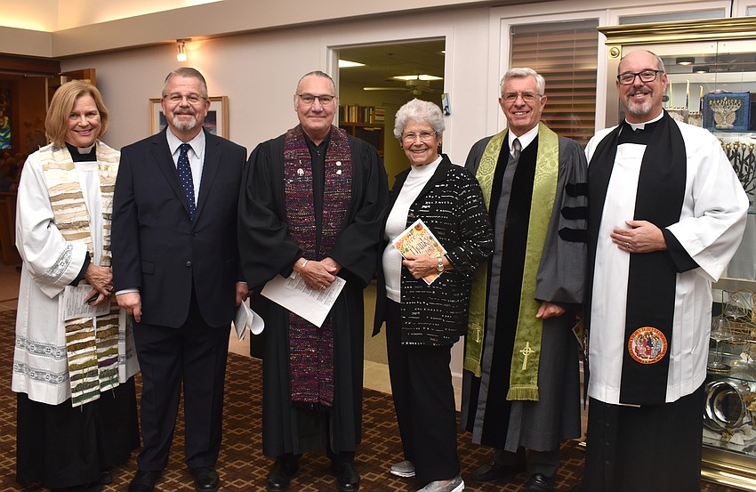The Rev. Dee De Montmollin, Rabbi Stephen Sniderman, the Rev. Bill Freiderich, MiMi Horwitz and the Revs. Norman Pritchard and Kenneth Blyth