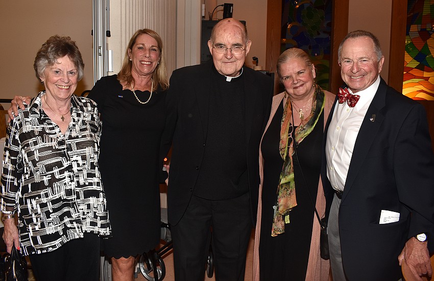 Deirdre Schueppert, Nancy Rozance, Monsignor Gerry Finegan, Ingrid Wisniewski and Robert Rosenbluth