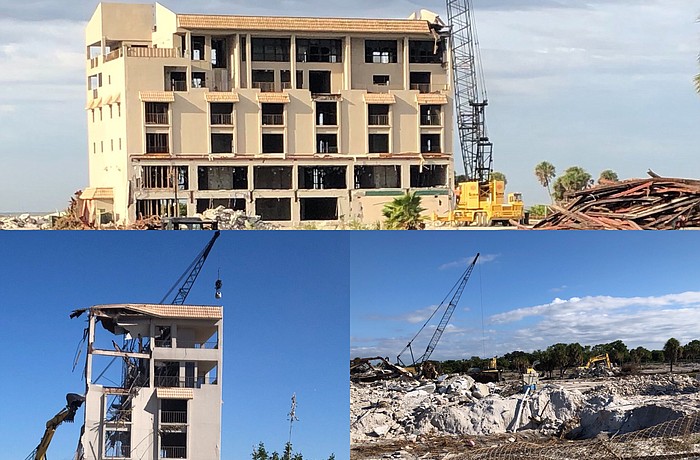 Work began Monday to tear down the former Colony Beach & Tennis Resort&#39;s mid-rise building. Workers had demolished it by the end of the week.