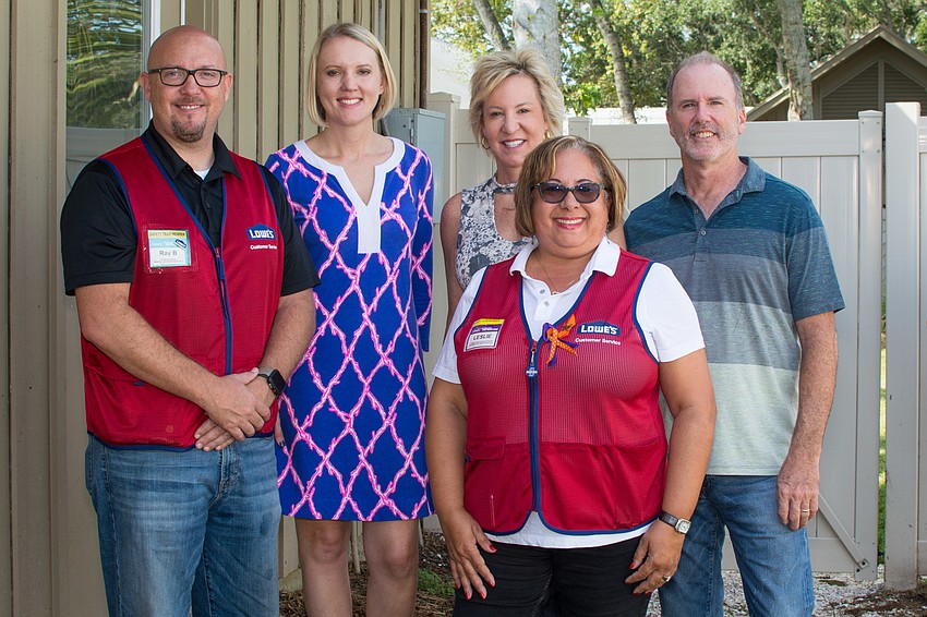 Lowe’s Central Sarasota Parkway Store Manager Ray Brose, SPARCC Presidents & CEO Jessica Hays, SPARCC board member Diane Muldoon, Tim Muldoon and Lowe’s Fruitville Road Store Human Resources Manager Leslie Heller, front.