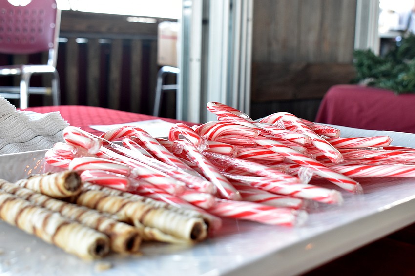 A hot chocolate bar was set up in the restaurant that include candy canes and other festive ingredients.