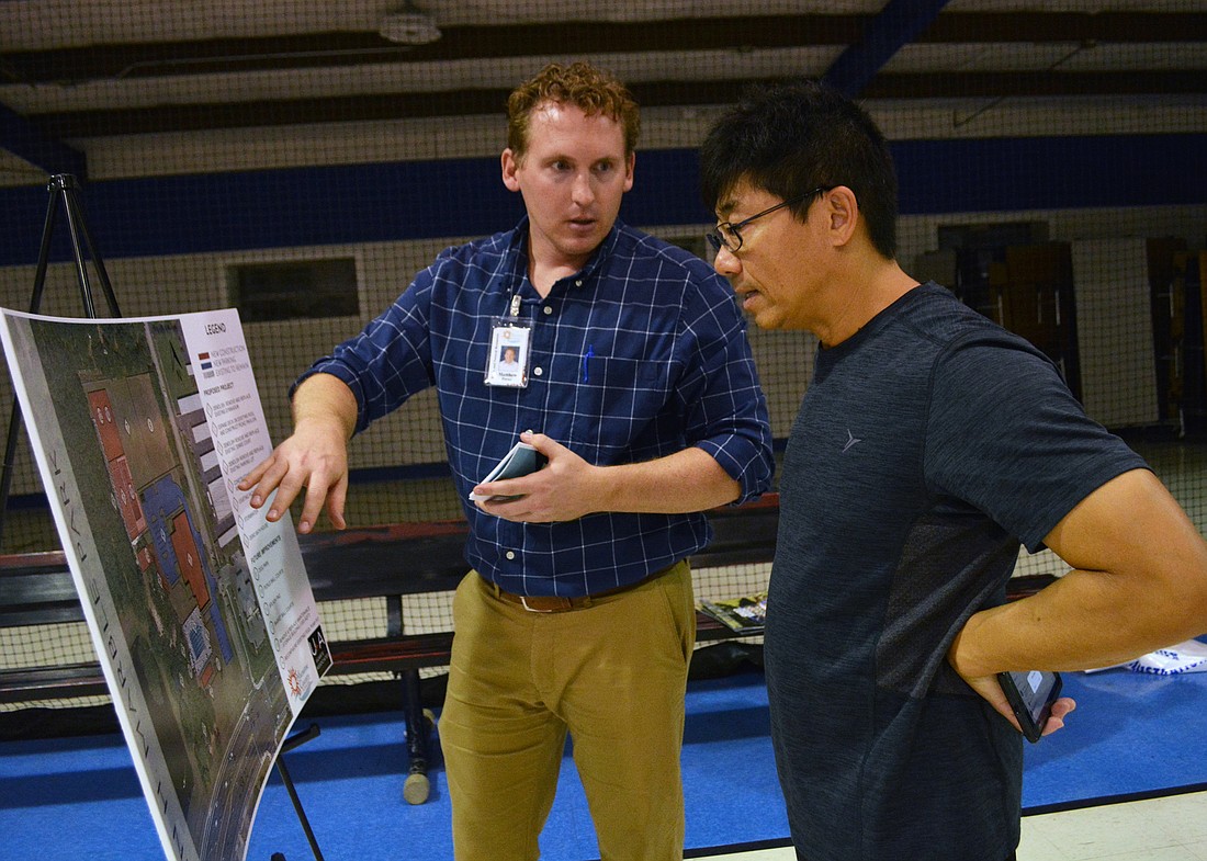 Manatee County Parks&#39; Recreation Manager Matt Porter talks with Mill Creek resident Seng Tang about park plans. Tang said he likes the changes will improve safety.