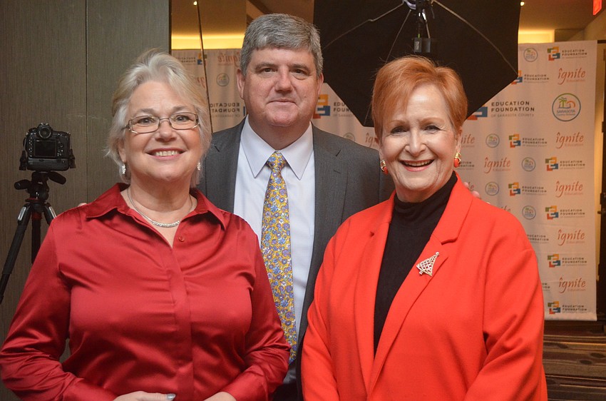 Sarasota County School Board member Shirley Brown, Superintendent Todd Bowden and School Board Chair Jane Goodwin