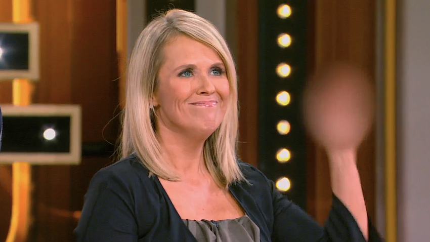 Sarasota resident Lori Davis makes an, um, impolite gesture to TV’s Joel McHale on ABC’s “Match Game’’ in its Jan. 3 debut.