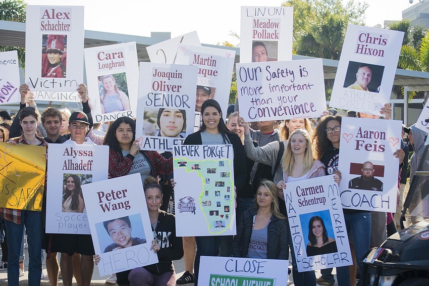 Students in Sarasota took part in a national walkout to protest school violence in the wake of the mass shooting a month earlier at Marjorie Stoneman Douglas High School.
