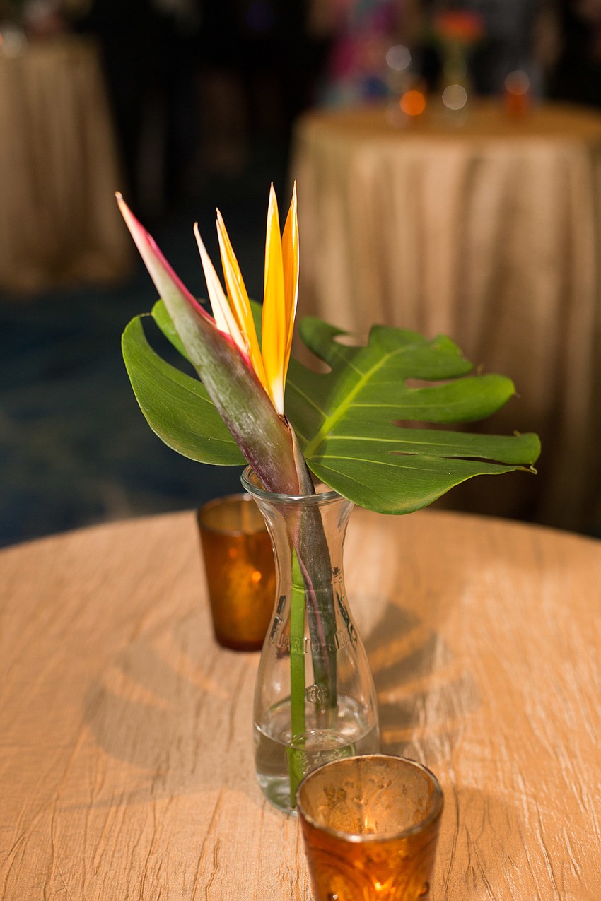 Tropical plant centerpieces decorated the tables.