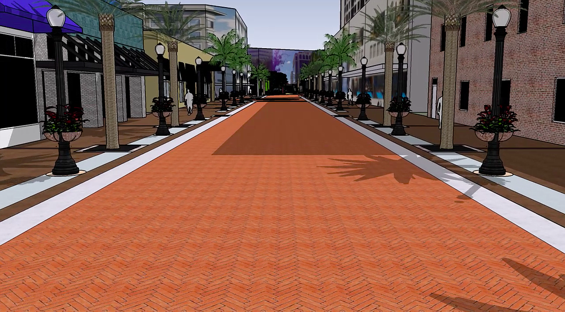 A preliminary conceptual video rendering shows some of the projectâ€™s central features: brick streets, curbless sidewalks and new landscaping.