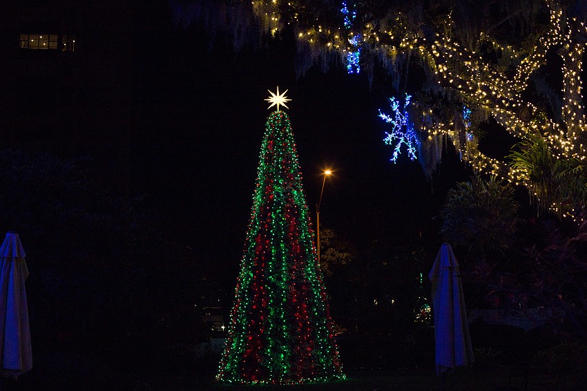 A Christmas tree is lit up near the entrance.