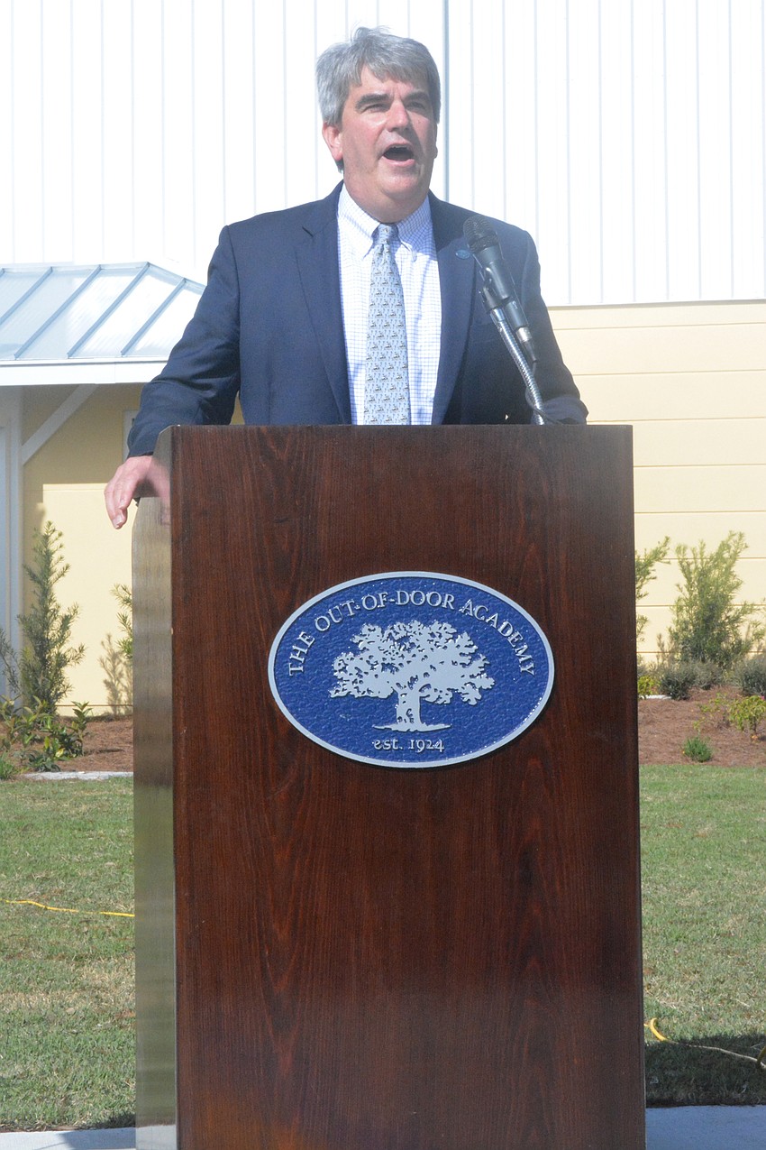 David Mahler addresses the crowd outside of Fox Field House.