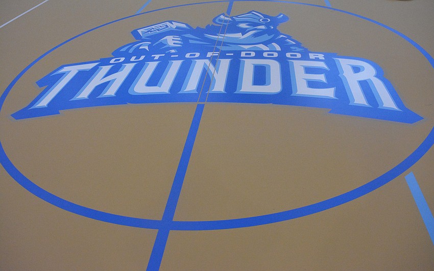Fox Field House's mid-court logo is large and in charge.
