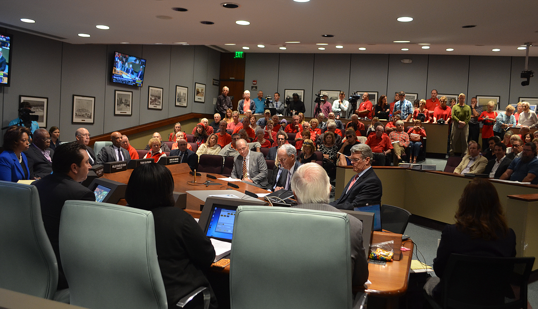 Opponents of the pavilion plans wore red to today&#39;s public hearing.