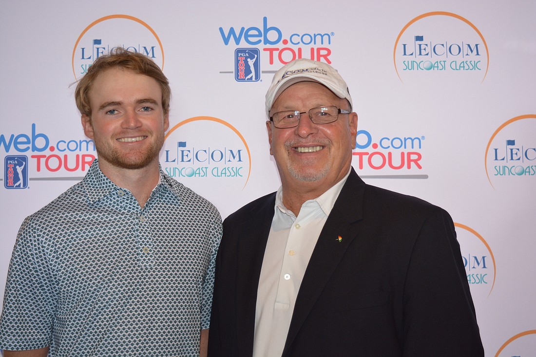 Lakewood Ranch&#39;s Danny Walker, a member of the Web.com Tour, and LECOM Trustee Tom Wedzik get together at a press conference to announce LECOM as the title sponsor.