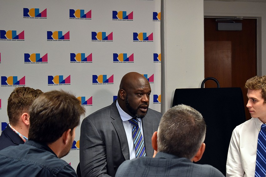 Shaquille O'Neal answered questions before speaking Jan. 16.