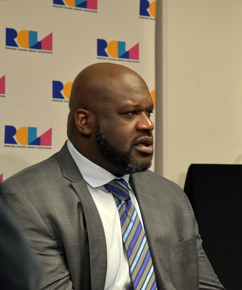 Shaquille O'Neal answered questions before giving a speech at the Van Wezel Performing Arts Hall Wednesday, Jan. 16.